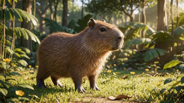 Cute capybara stands in green grass, with lush jungle plants, in a bright, sunlit environment, making soft grunting sounds.