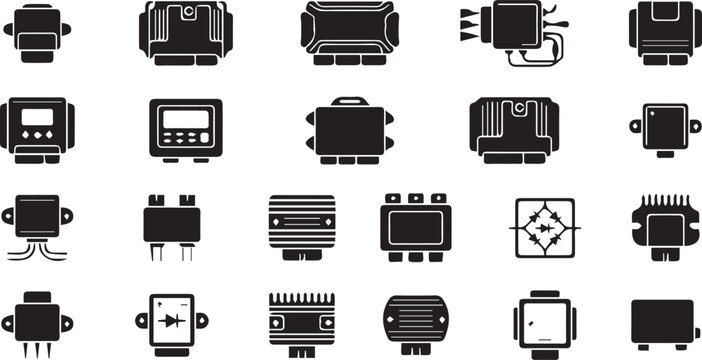 Engine Control Unit and Regulator Rectifier Icon Set Automotive ECU and Voltage Management Silhouettes