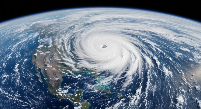 Massive swirling storm system looms over a significant portion of the North American continent viewed from space.