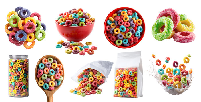 Set of flavor coloured fruit cereal loops rings breakfast snack, takeout standup plastic pouch bag, yogurt milk splash, airtight container, fly stack pile cluster, transparent cutout PNG mockup
