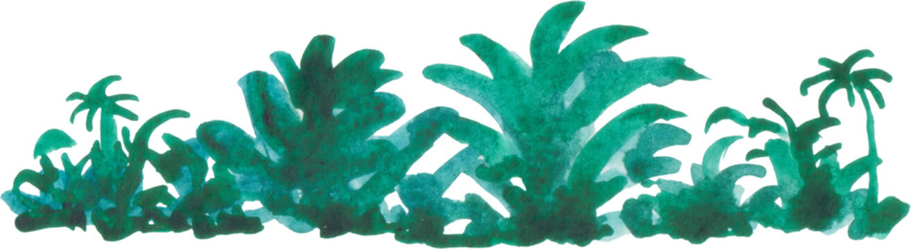Watercolor teal green tropical jungle border exotic foliage palm leaves botanical banner design
