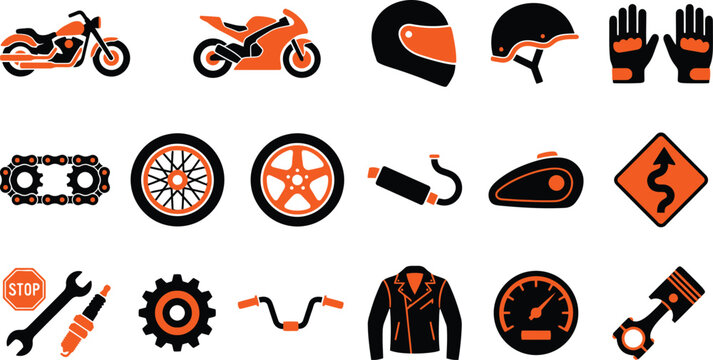 Motorcycle icons set featuring various motorbike parts accessories and road safety signs for graphic design projects