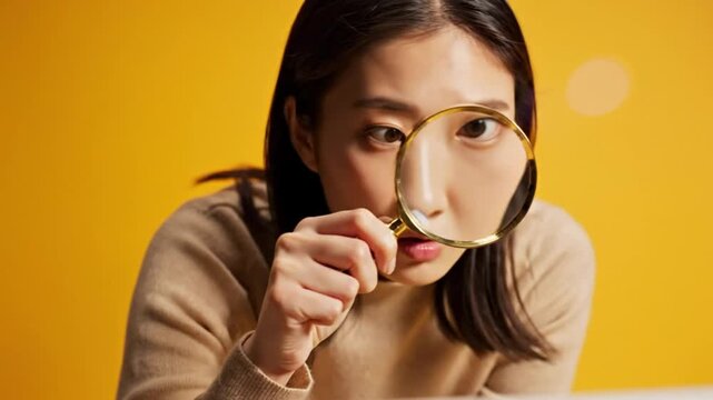 Focused young woman peering through a magnifying glass with an open mouth against a bright yellow background