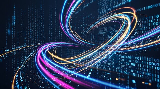 Abstract digital data stream with neon light trails and binary code