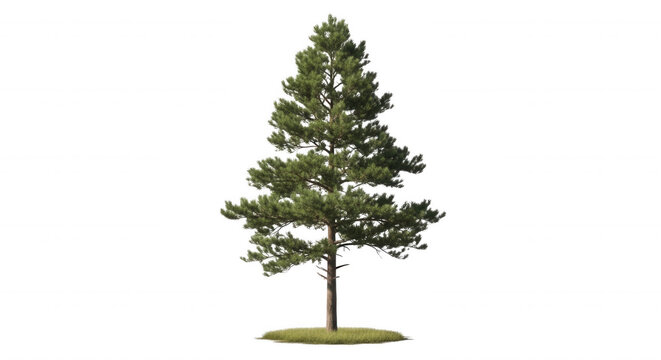 A single, isolated coniferous pine tree with green needles and a brown trunk, standing on a small circular patch of grass against a solid
