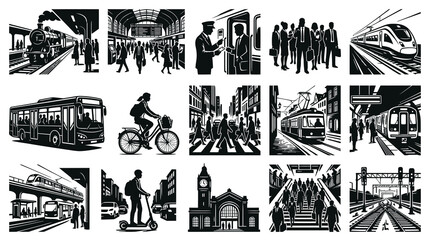 Obraz premium Black White Vector Art: Diverse Public Transportation and City Life Scenes