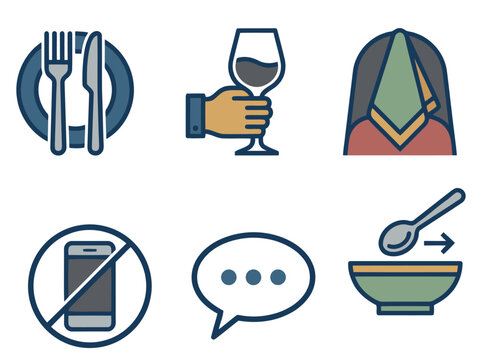 A vibrant icon set depicting dining etiquette ? no phones, conversation, or distractions. Clean lines and modern design for commercial use.