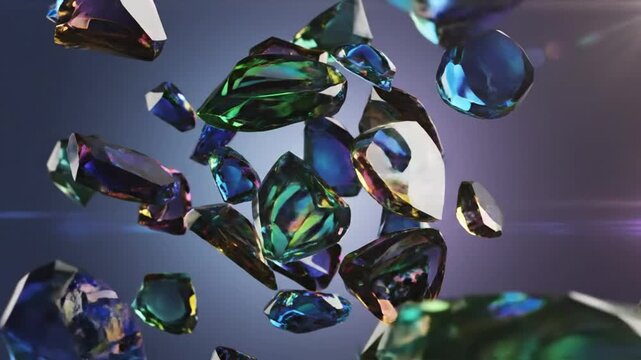 Abstract 3D rendering of iridescent gemstones in a dynamic, sparkling composition against a dark background