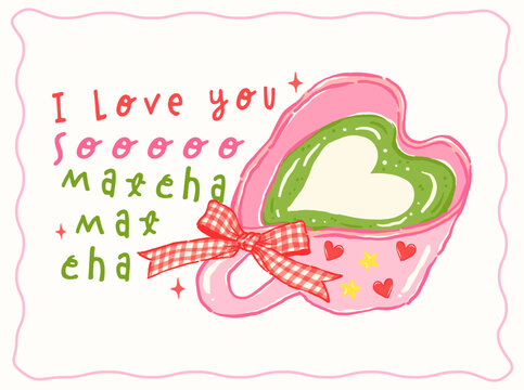 Whimsy girly matcha latte heart cup coquette gingham bow Saying quote whimsical hand drawn doodle