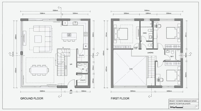 Architectural floor plan layouts for a futuristic minimalist duplex