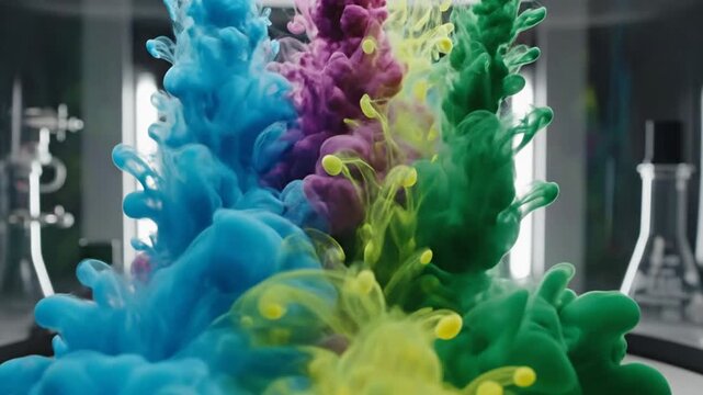 Colorful inks in water create vibrant abstract art with blue, purple, yellow, and green plumes.