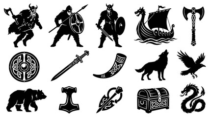 Fototapeta premium Viking and Norse Mythology Black Silhouette Vector Icons Collection: Warriors, Longship, Animals, Symbols