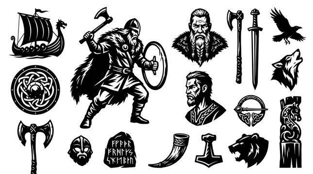 Viking Culture and Norse Mythology Black  White Glyph Illustration Set featuring Warriors, Longships, Weapons, and Mythical Symbols