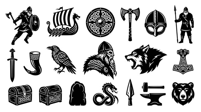 Viking Culture Monochrome Icons Set: Norse Mythology, Warriors, Symbols  Black and White Vector Graphics