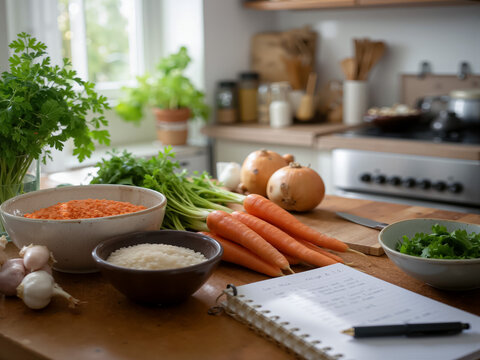 Fresh lentils, rice and vegetables are arranged on a sunlit kitchen table, warm cinematic meal prep scene for recipe marketing, wellness brands and ads.