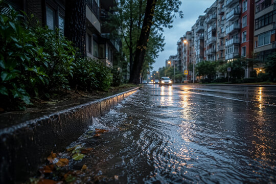 Rainwater floods an urban street beside apartment buildings, low-angle cinematic view for climate communication, insurance ads and news-style content.