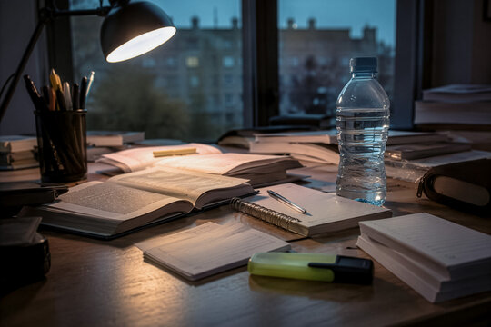 Open books, notes and water bottle fill a late-night study desk by the window, moody cinematic education scene for social media and advertising campaigns.