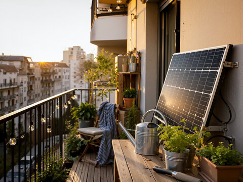Balcony solar panel catches sunset light among potted plants, cinematic urban sustainability scene for renewable energy ads and green lifestyle marketing.