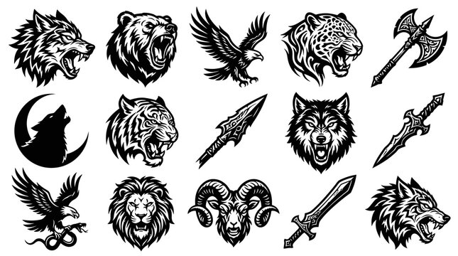 Black and White Line Art Vector Collection of Wild Animal Heads and Ancient Weapons for Gaming, Fantasy, and Tribal Design