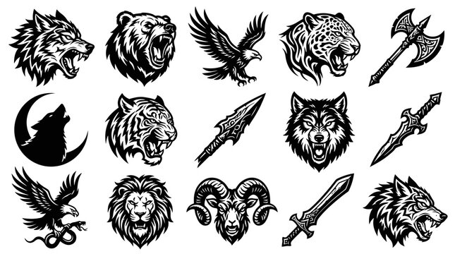 Black and White Line Art Vector Set: Wild Animal Heads  Fantasy Weapons for Gaming, Mascots, Emblems, Tattoos.