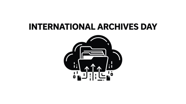 Black and white icon representing international archives day with cloud storage and digital file folders