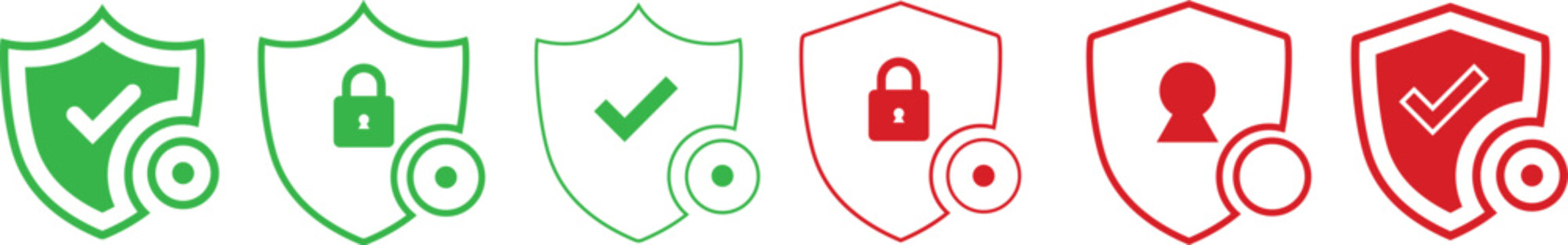 Shield security icon set, security shields logotypes with check mark and padlock. with green and red Vector illustration.