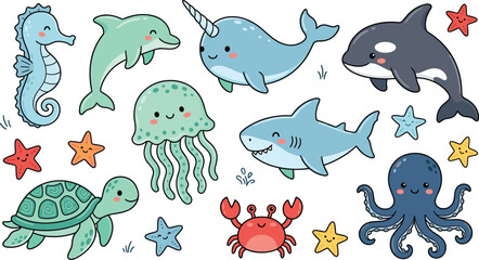 Cute Cartoon Sea Animals Vector Set Featuring Seahorse, Dolphin, Narwhal, Shark, Whale, Crab, Jellyfish, Turtle, Starfish, and Octopus © Mithunkumar