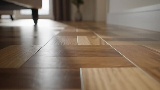 Low angle view revealing the stunning design of herringbone hardwood flooring and sunlight