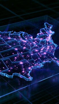 Futuristic holographic USA map showing digital connections and glowing network data innovation
