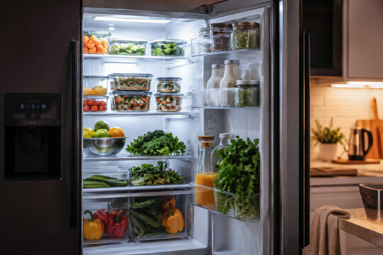 Organized refrigerator filled with healthy meal prep containers, fresh produce, and drinks, bright cinematic kitchen scene for wellness marketing and food ads