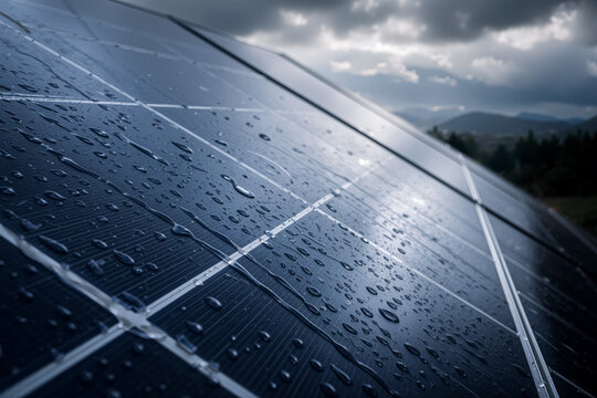 Macro closeup of rain drops on solar panels beneath storm clouds, cinematic renewable energy texture for sustainability marketing and clean tech campaigns