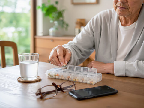 Senior person organizes daily pills in a weekly medication box beside water and glasses, bright cinematic healthcare scene for wellness and medical marketing