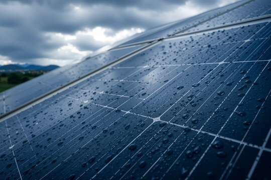 Stormy solar panel closeup with rain drops and dramatic clouds over distant hills, cinematic renewable energy scene for sustainability advertising campaigns