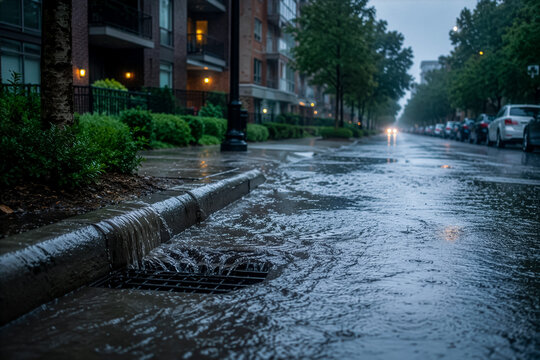 Stormwater drain overflows on a flooded rainy city street, low-angle cinematic climate resilience scene for infrastructure marketing and urban news content