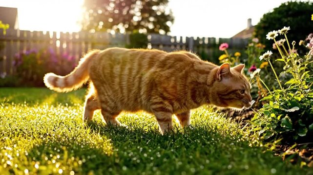 Ginger tabby cat explores a sunny backyard garden, sniffing flowers and enjoying a peaceful day outside