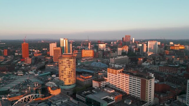 Aerial view of Rotunda and Grand Central at sunrise, Birmingham, UK