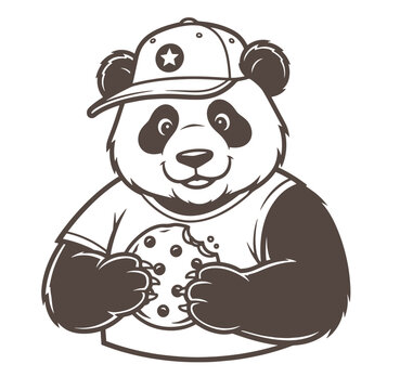 Panda wearing a baseball cap and a t-shirt holding a cookie t shirt bear cub black and white baked goods choc chip character desi