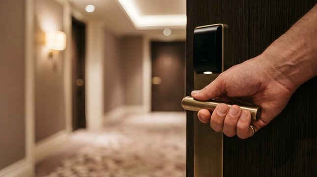 Close-up of a hand opening a modern hotel room door with electronic lock. Blurred luxury bedroom interior in the background creates a warm hospitality and travel concept with shallow depth of field.