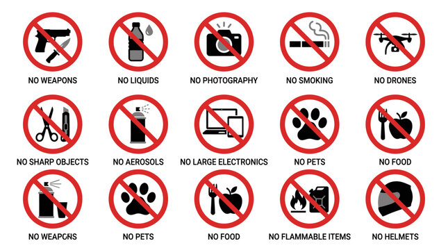 A sign board displays various prohibited items and actions in a public area.