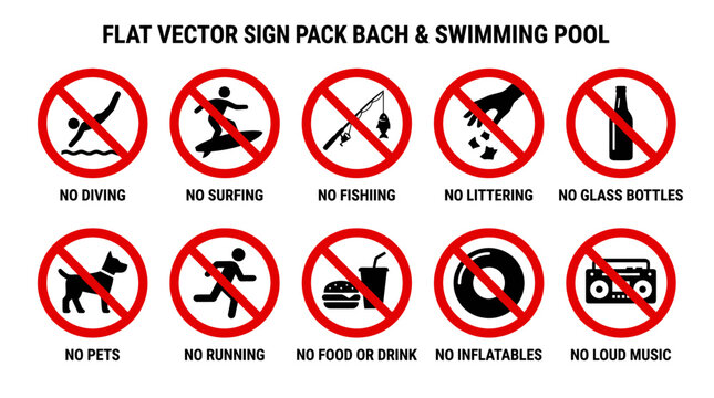 A flat vector sign pack displays various prohibited activities at a bach and swimming pool.