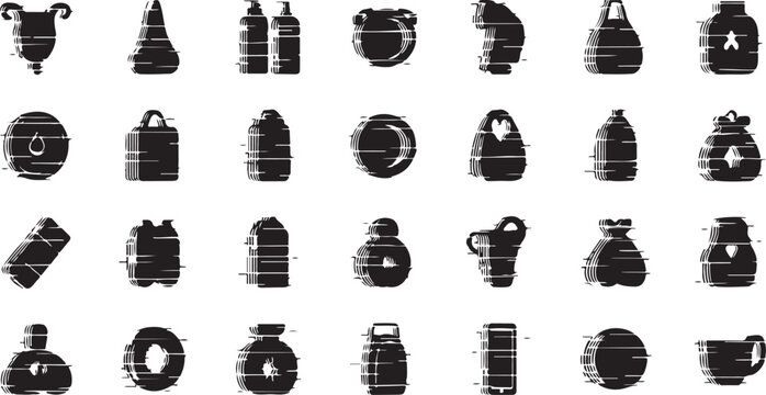 Black, monochrome travel mug icons, set of 28