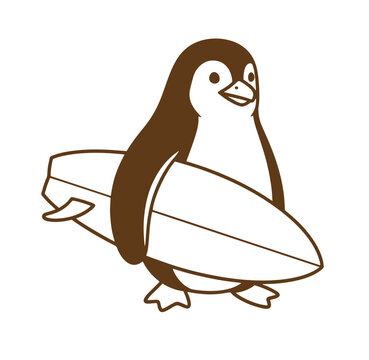 Cute cartoon penguin holding a surfboard ready for surfing on vacation white background line art surfboard character illustration
