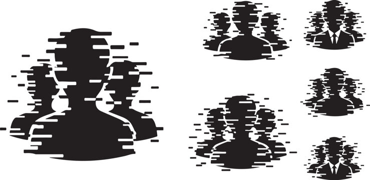 Glitchy business people, distorted silhouettes, pixelated icons, vector set
