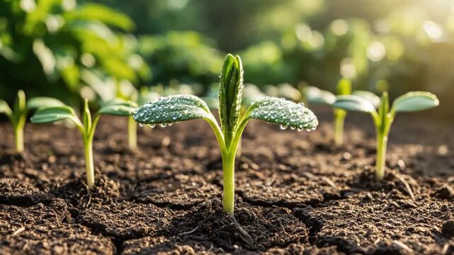 Time-lapse of bean seeds sprouting from dark soil, growing into seedlings under the sun in a garden.