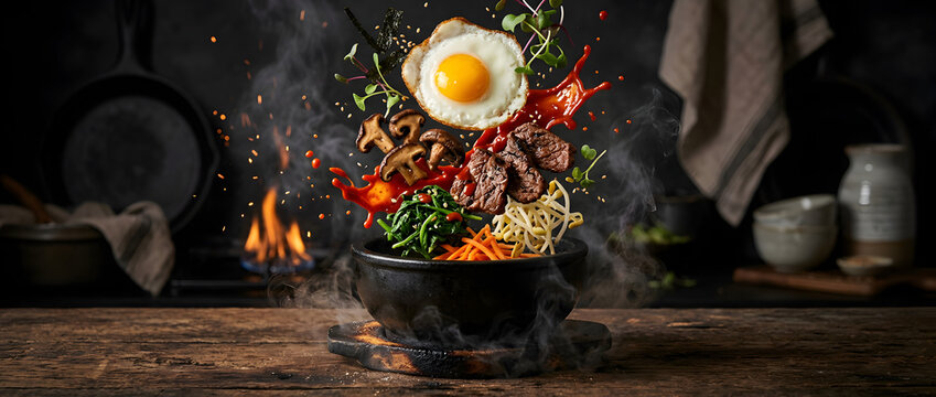 Makanan melayang sinematik bibimbap dalam mangkuk batu dengan telur daging jamur dan percikan saus gochujang di atas meja kayu dengan asap