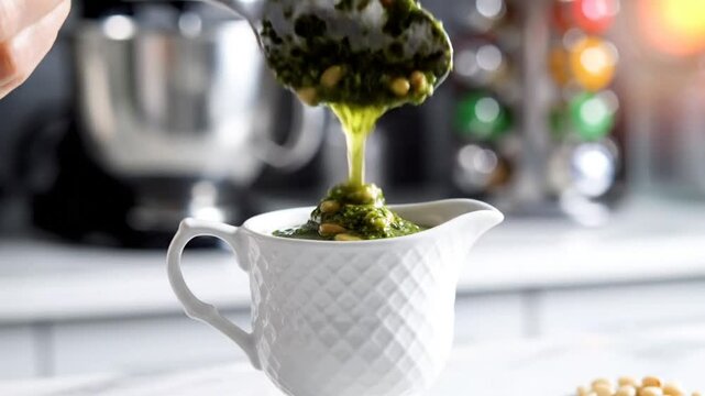 Chef pouring fresh pesto sauce from a spoon into a decorative white ceramic pitcher in a kitchen setting
