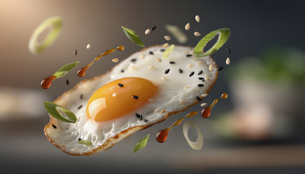Telur mata sapi melayang dengan taburan wijen dan daun bawang, fotografi makanan makro dinamis, konsep gravitasi kuliner modern