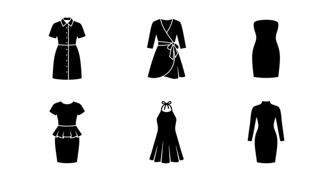 Black Silhouette Fashion Dresses, 6 Vector Icons Set: Casual, Formal, Evening Wear Styles for Style Guides, E-commerce, and Design Projects