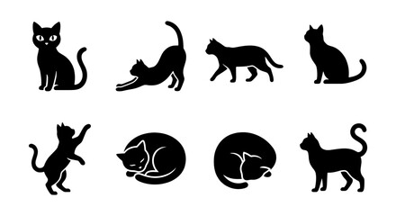 Black Cat Silhouettes Vector Pack: Eight Poses of Domestic Felines, Cute Pet Icons for Graphic Design and Illustration © Adobe