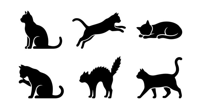 Six Black Cat Silhouettes, Vector Icons: Sitting, Jumping, Resting, Grooming, Arched Back, Walking Poses